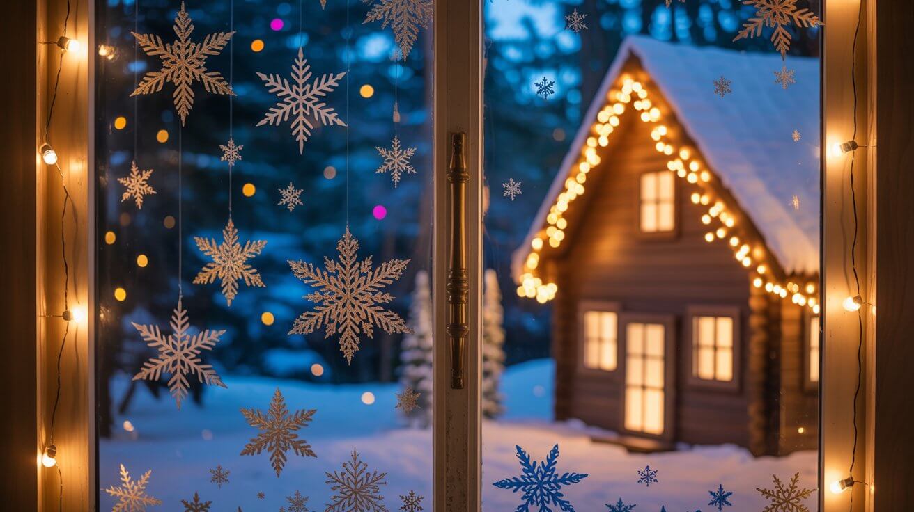 Christmas Window Decorating Ideas featuring white snowflake clings layered on glass, framed with glowing string lights, and a snowy cabin outside glowing with warm holiday lights.