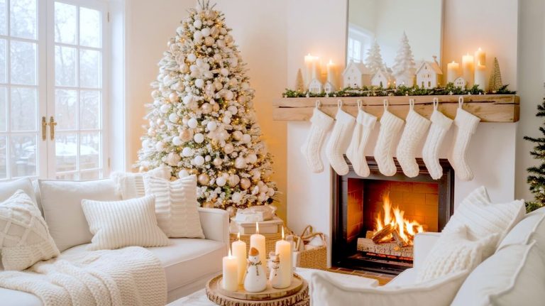 A bright, cozy living room features a snow-flocked Christmas tree decorated with white and champagne ornaments, a wooden mantel lined with glowing candles, mini white houses, and knit stockings, plus a warm fire and plush neutral seating. The soft textures, layered whites, and gentle candlelight create an elegant and welcoming holiday look inspired by white Christmas decor ideas.