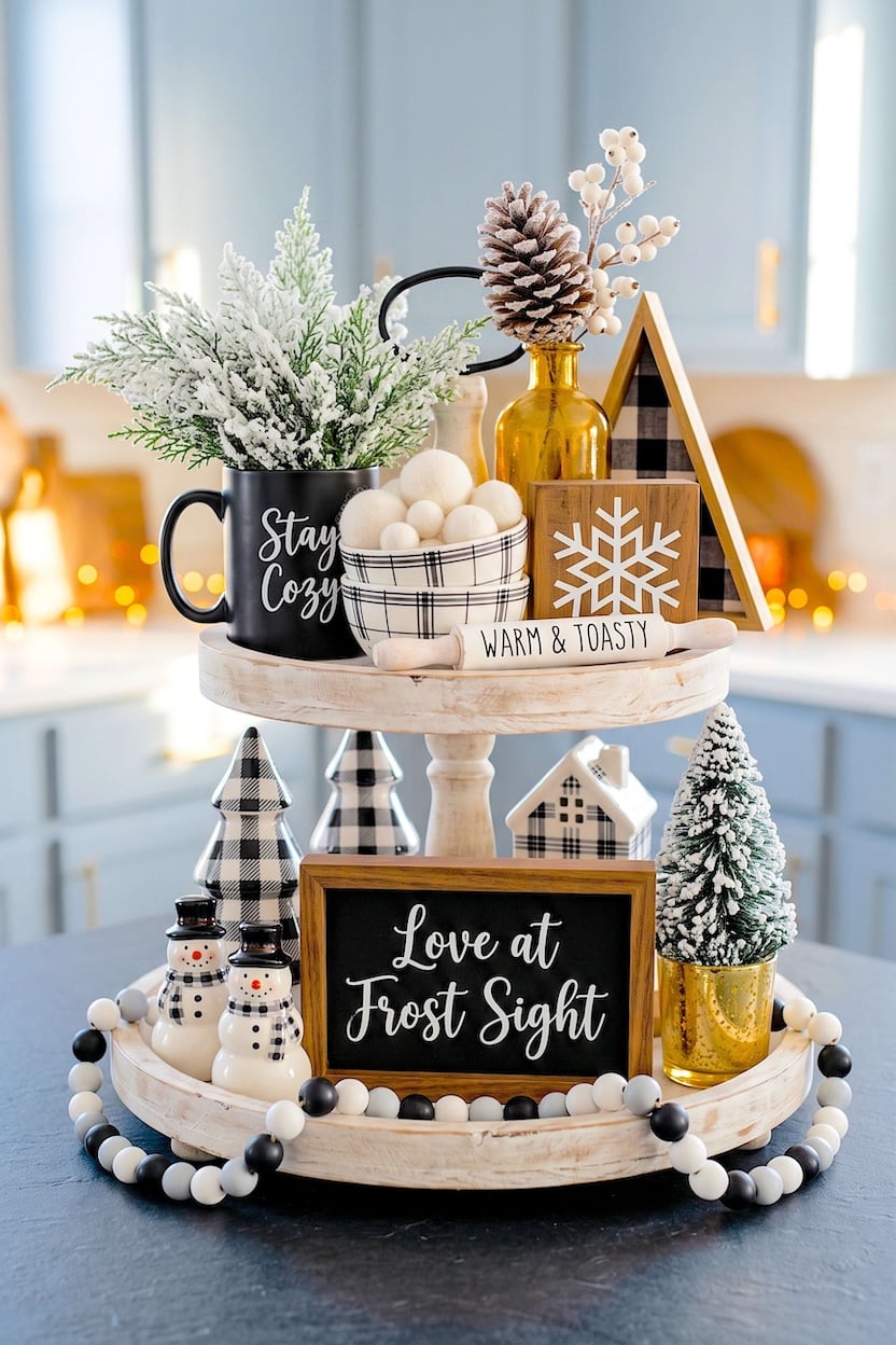 A white wood tiered tray holds a black ceramic mug next to miniature checkered pine trees and small smiling snowmen, bringing cozy winter tray inspiration to life.