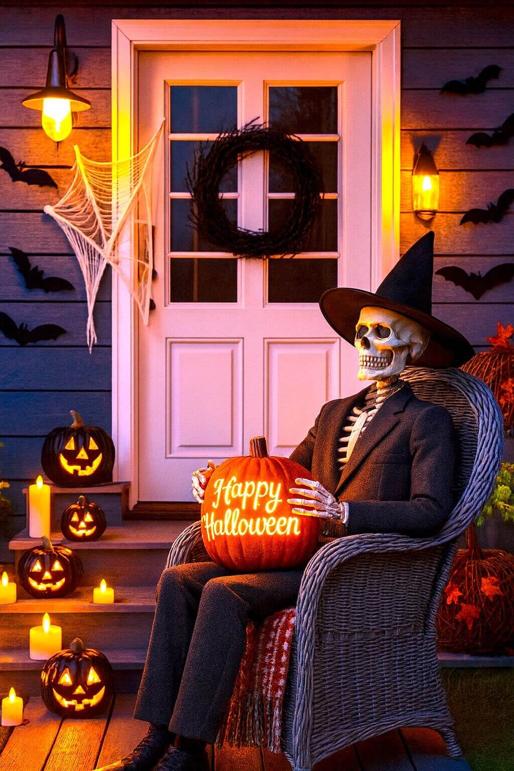 A skeleton in a witch hat and suit sits on a wicker chair holding a glowing “Happy Halloween” pumpkin, with jack-o’-lanterns and candles lighting the porch. This is a fun example of easy halloween porch ideas with pumpkins that feel both playful and welcoming.