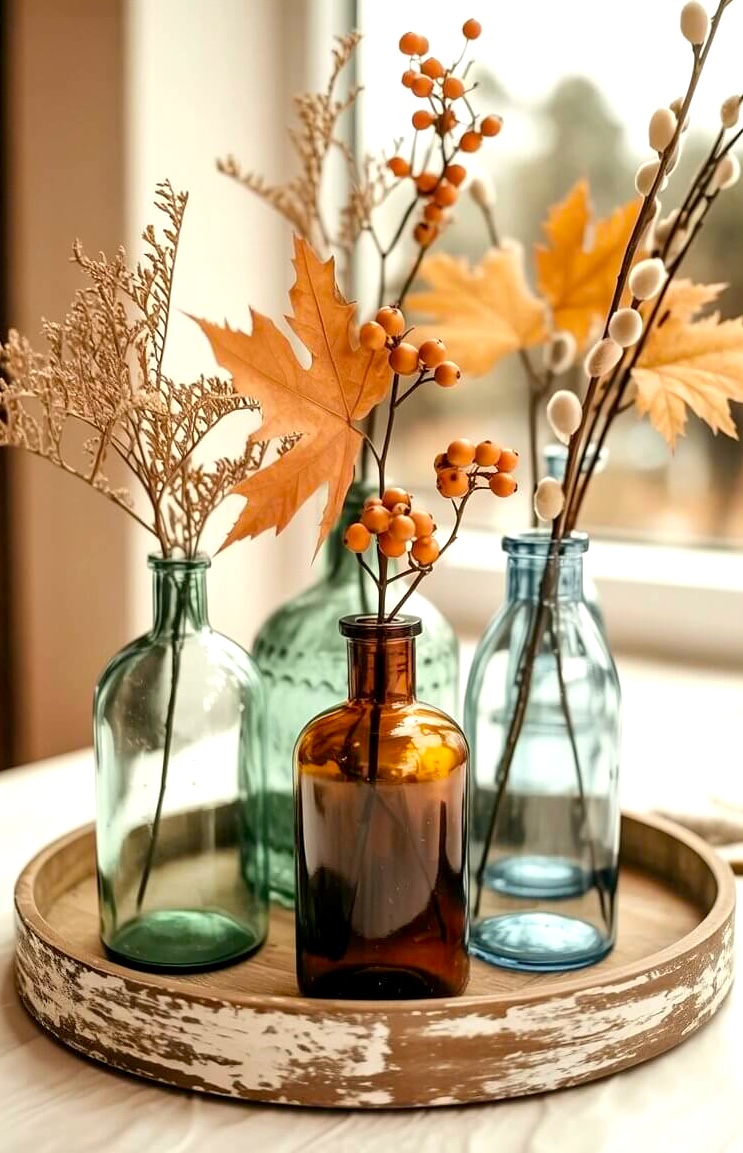 A grouping of amber, green, and blue glass bottles holding dried branches, golden leaves, and berry sprigs adds a soft seasonal glow to fall centerpiece ideas. The mix of bottle shapes and colors on a round wooden tray feels charming and effortless.