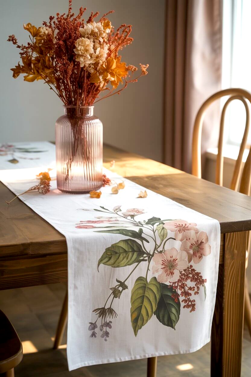 A ribbed blush-toned vase filled with dried hydrangeas, golden leaves, and burnt orange florals brings height and warmth to fall centerpiece ideas. Placed on a wooden table with a floral table runner, it blends rustic charm with a soft, romantic vibe.