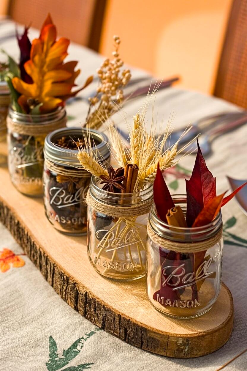 A rustic row of mason jars filled with cinnamon sticks, wheat stalks, star anise, and colorful autumn leaves makes a simple yet striking accent for fall centerpiece ideas. The jars are wrapped with twine and arranged on a wooden slab for a natural, warm touch to the table.