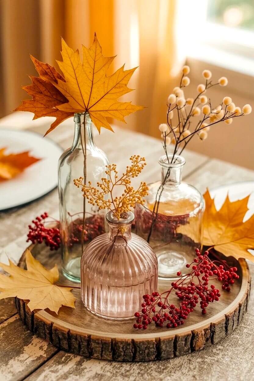 Soft amber and blush glass bottles filled with maple leaves, golden stems, and white berry branches create a charming layered look for fall centerpiece ideas. Arranged on a round wooden tray with scattered red berries, the display feels warm and inviting.