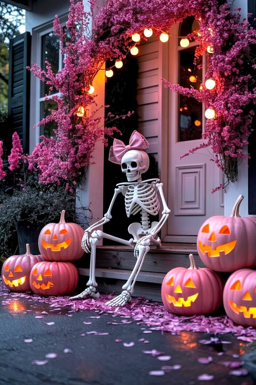 A skeleton with a pink bow sits among glowing jack-o’-lanterns, framed by pink flowers and string lights. This playful porch scene is one of the sweetest ways to try pink Halloween decor ideas at home.