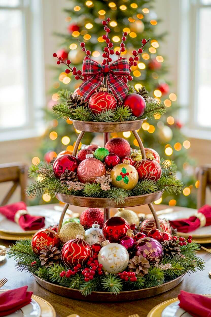 Three-tier bronze stand displaying traditional red and green glass baubles mixed with natural pinecones and fresh evergreen branches for holiday tray decor.