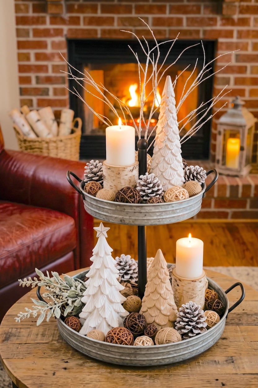 A galvanized metal tiered tray features glowing white pillar candles on birch logs mixed with woven rattan spheres and frosted pinecones for natural winter trays.