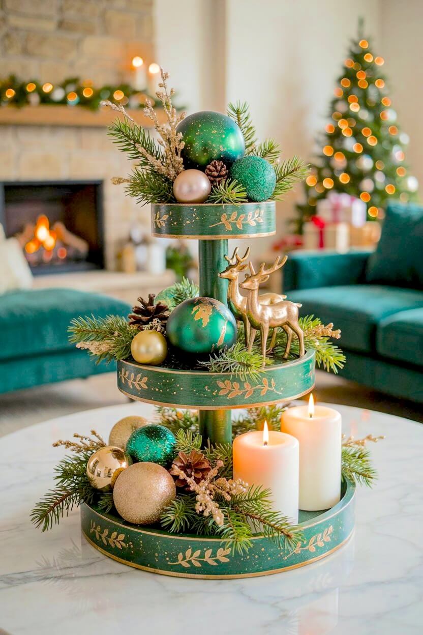 Dark green wooden stand holding oversized emerald green and gold baubles, brass deer figurines, and fresh cedar branches for luxurious winter table tray accents.