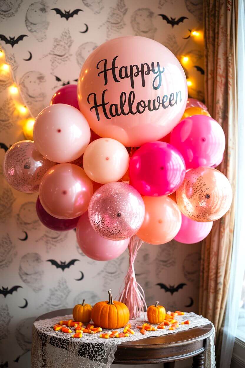 A cluster of pink balloons with a “Happy Halloween” topper sits on a lace-covered table with pumpkins and candy corn. It’s a cheerful way to bring pink Halloween decor ideas into your party setup.