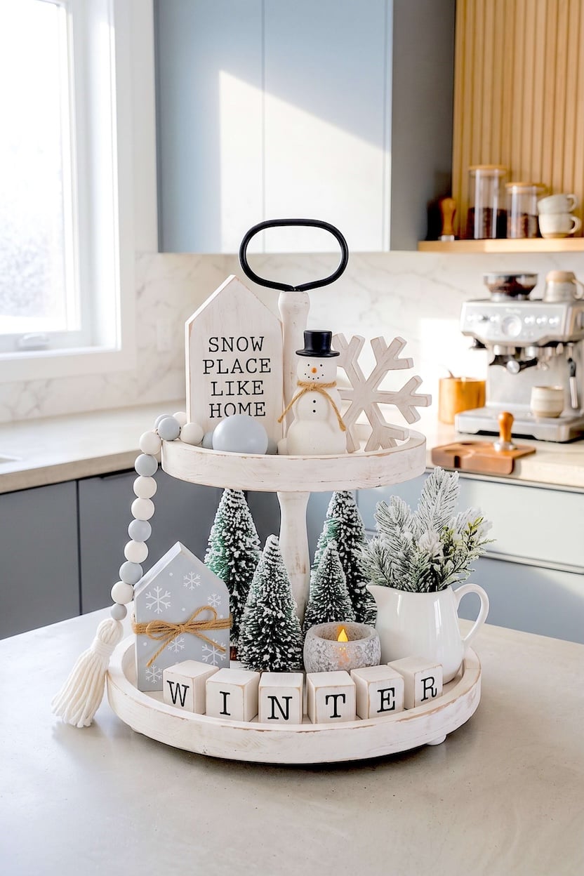 Square wooden letter blocks spelling out winter sit below a small ceramic snowman and grey wooden houses wrapped in twine for cozy seasonal tray aesthetics.