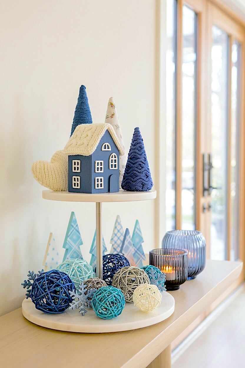 A white marble tiered tray presents a blue wooden house with a knit roof beside textured navy yarn trees and woven blue spheres for modern winter tray decorations.