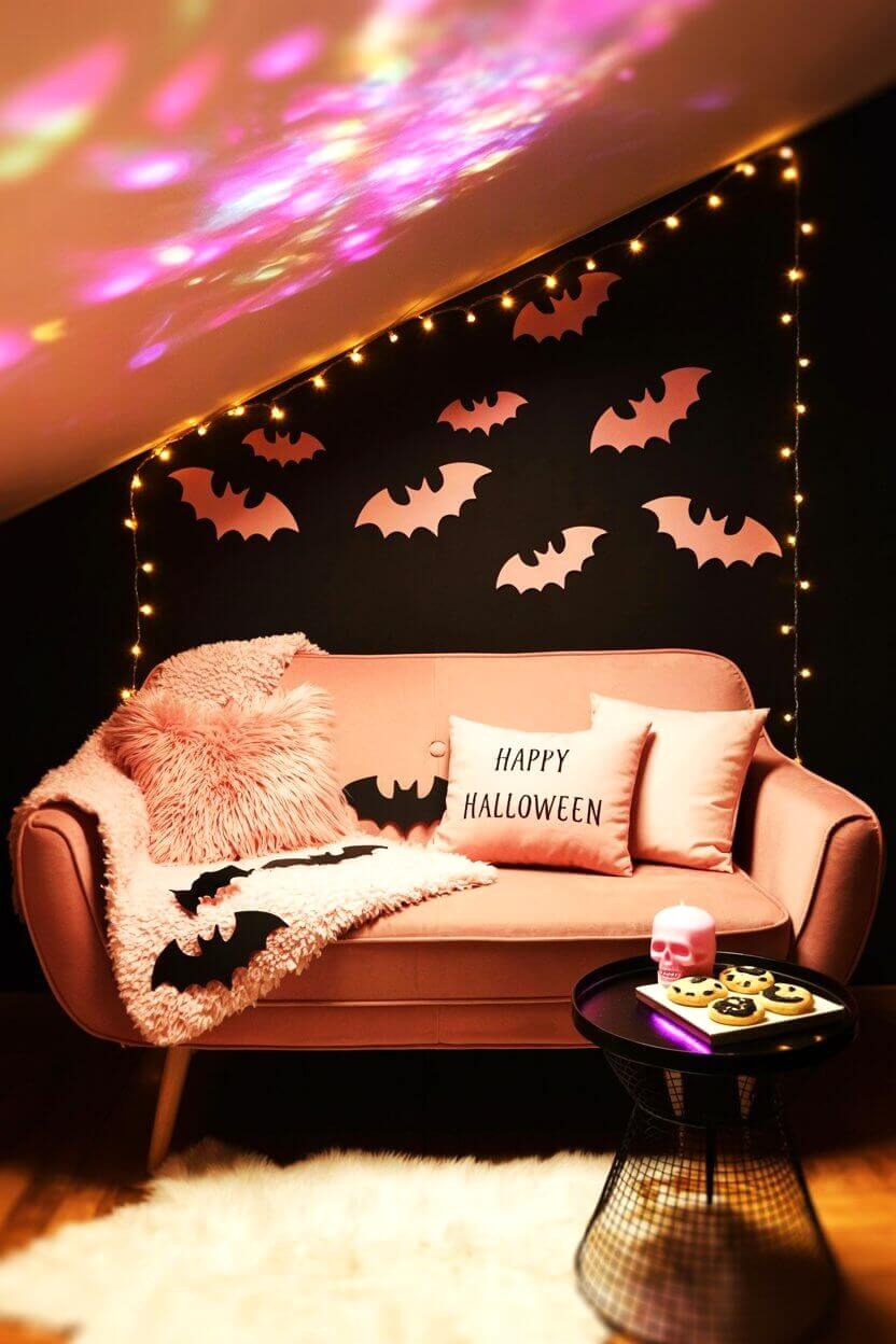 A cozy pink sofa is styled with fluffy pillows, bat cutouts, and glowing lights on the wall. This corner shows how pink Halloween decor ideas can turn any living space into a festive retreat.