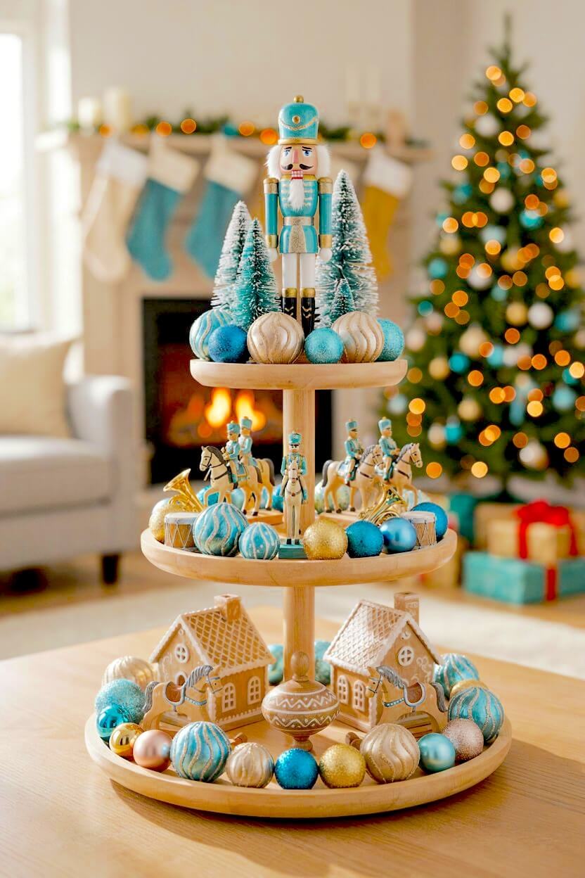 Light wood stand featuring a classic teal and gold-painted nutcracker, miniature marching horses, and matching metallic blue baubles for elegant seasonal styling.