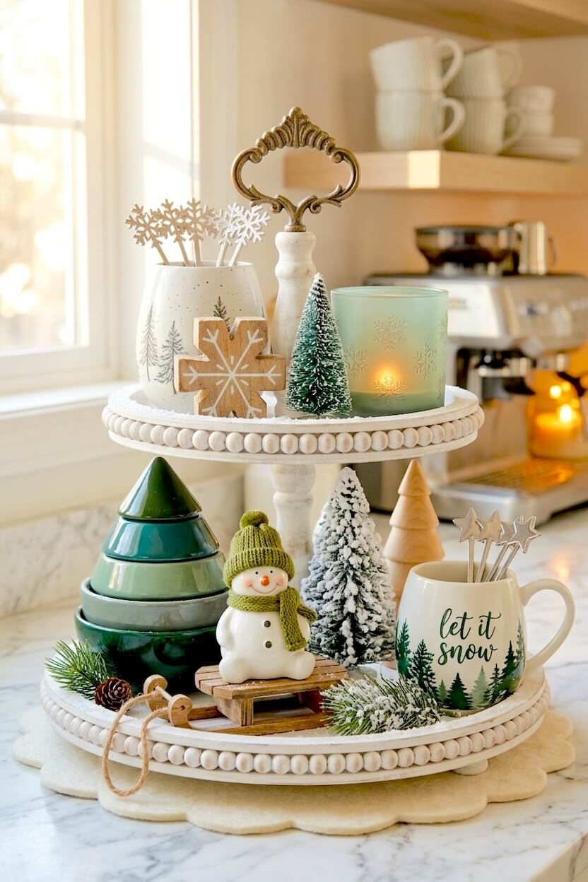 White beaded wood surfaces hold emerald green ceramic stacking trees and a small snowman sitting on a wooden sled near a festive mug for winter coffee trays.