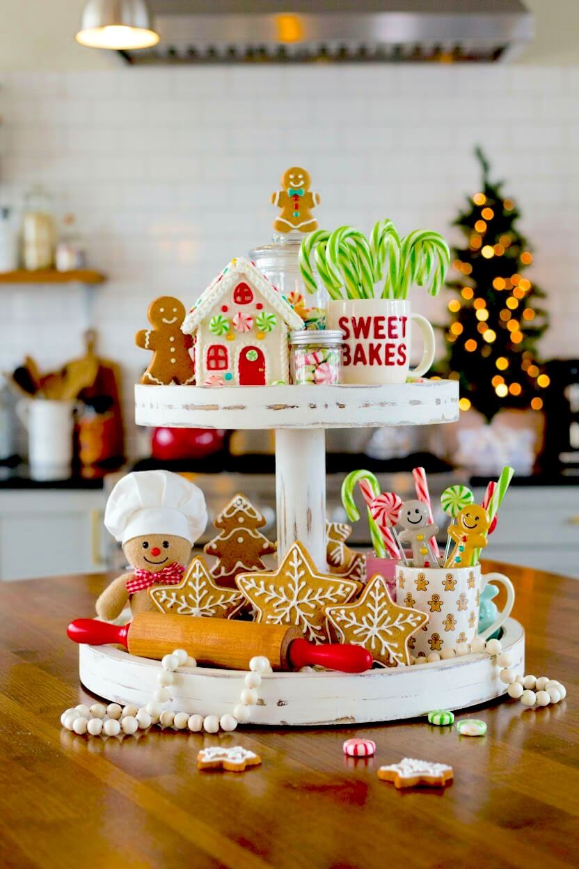 White distressed tray showcasing a decorated gingerbread house, smiling gingerbread men, green candy canes in a mug, and a wooden rolling pin for sweet table looks.