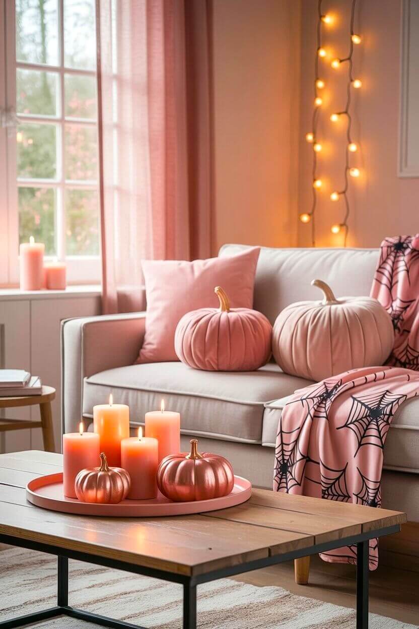 Soft pink pumpkins, glowing candles, and a spiderweb blanket make this living room warm and inviting. These pink Halloween decor ideas prove that seasonal touches can feel both chic and comfortable.