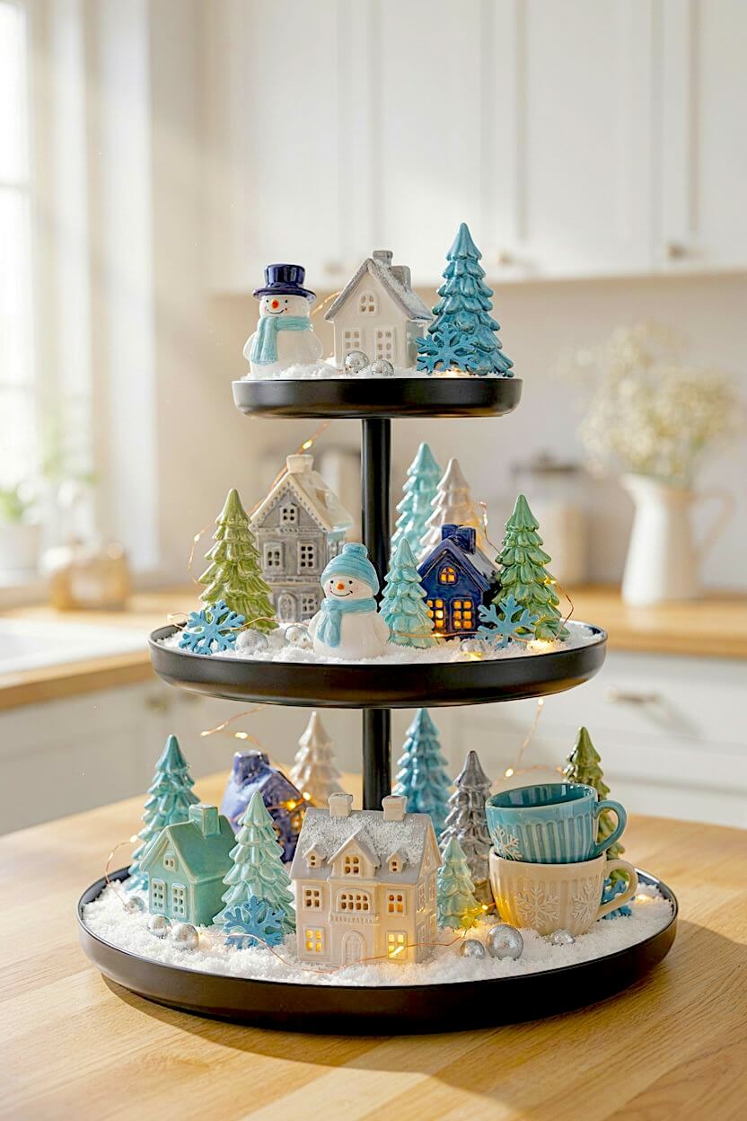 A black metal tiered tray displays glossy ceramic houses glazed in soft blues alongside cheerful snowmen and frosted pine trees for icy winter tiered tray designs.