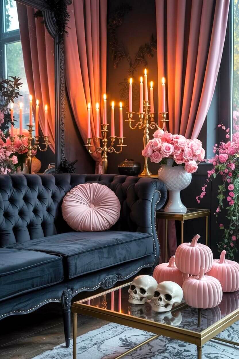 A dark gothic lounge comes alive with pink curtains, roses, and glowing candles paired with pastel pumpkins and skulls. It’s a glamorous take on pink Halloween decor ideas for an elegant space