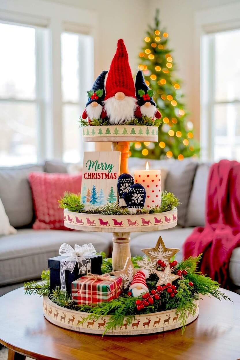 Wood tray featuring plush faceless gnomes in red and blue hats, miniature knit mittens, wrapped plaid gift boxes, and fresh pine needles for rustic holiday decor.