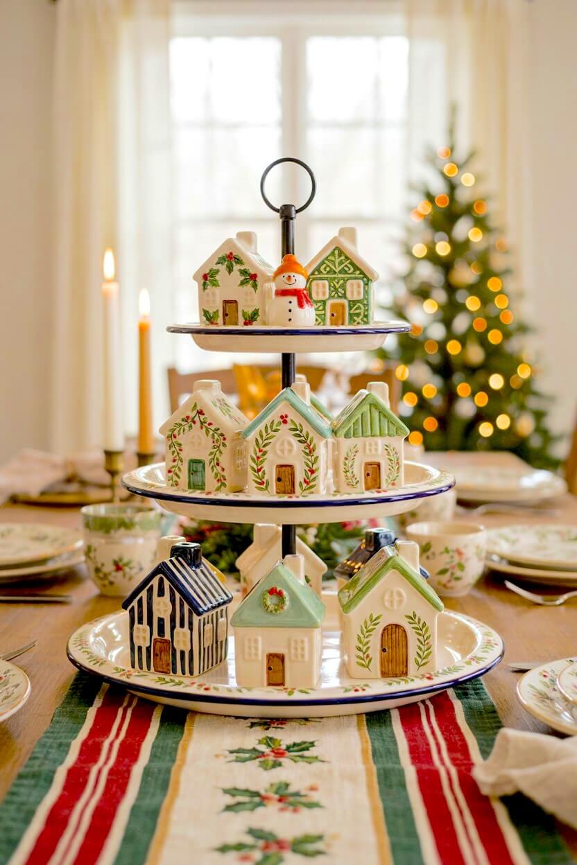 White ceramic plates with painted edges displaying a collection of glazed miniature holiday houses and a tiny smiling snowman figure for a festive table display.