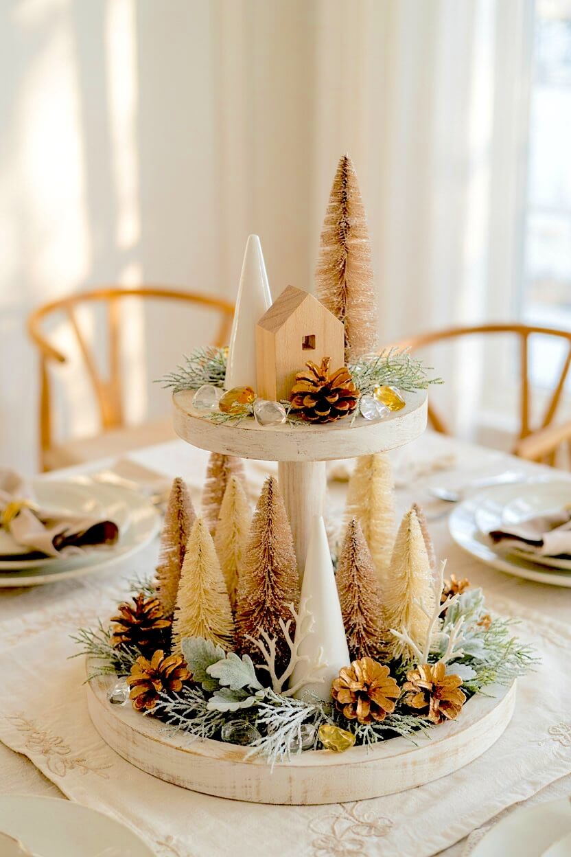 Glistening champagne gold bottle brush trees surround a small wooden house and frosted pinecones on a white surface for luxurious winter tiered tray styling.