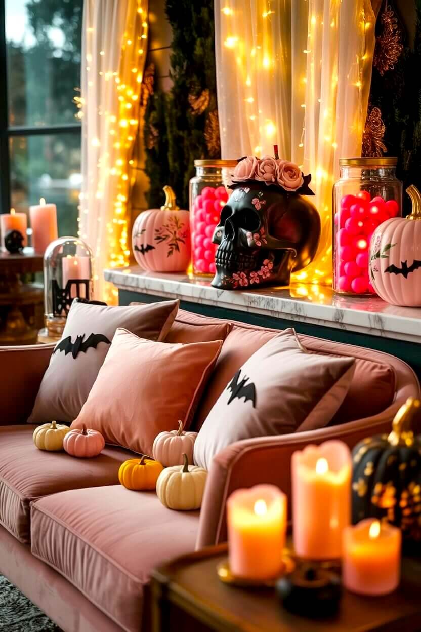 A pink sofa pairs with bat pillows, glowing candles, and a dramatic black skull centerpiece on the counter behind. This room shows how pink Halloween decor ideas can mix cozy comfort with spooky accents.
