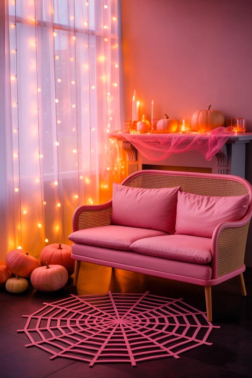 Pink pumpkins and glowing candles sit by a bold pink loveseat under a curtain of string lights. This playful room highlights how pink Halloween decor ideas can brighten your home in a soft, festive way.
