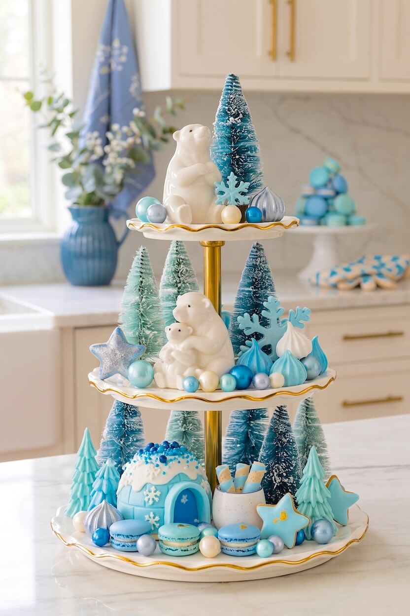 White ceramic polar bears sit amongst blue bottle brush trees and an iced igloo surrounded by blue macarons for sweet winter wonderland tray decor concepts.