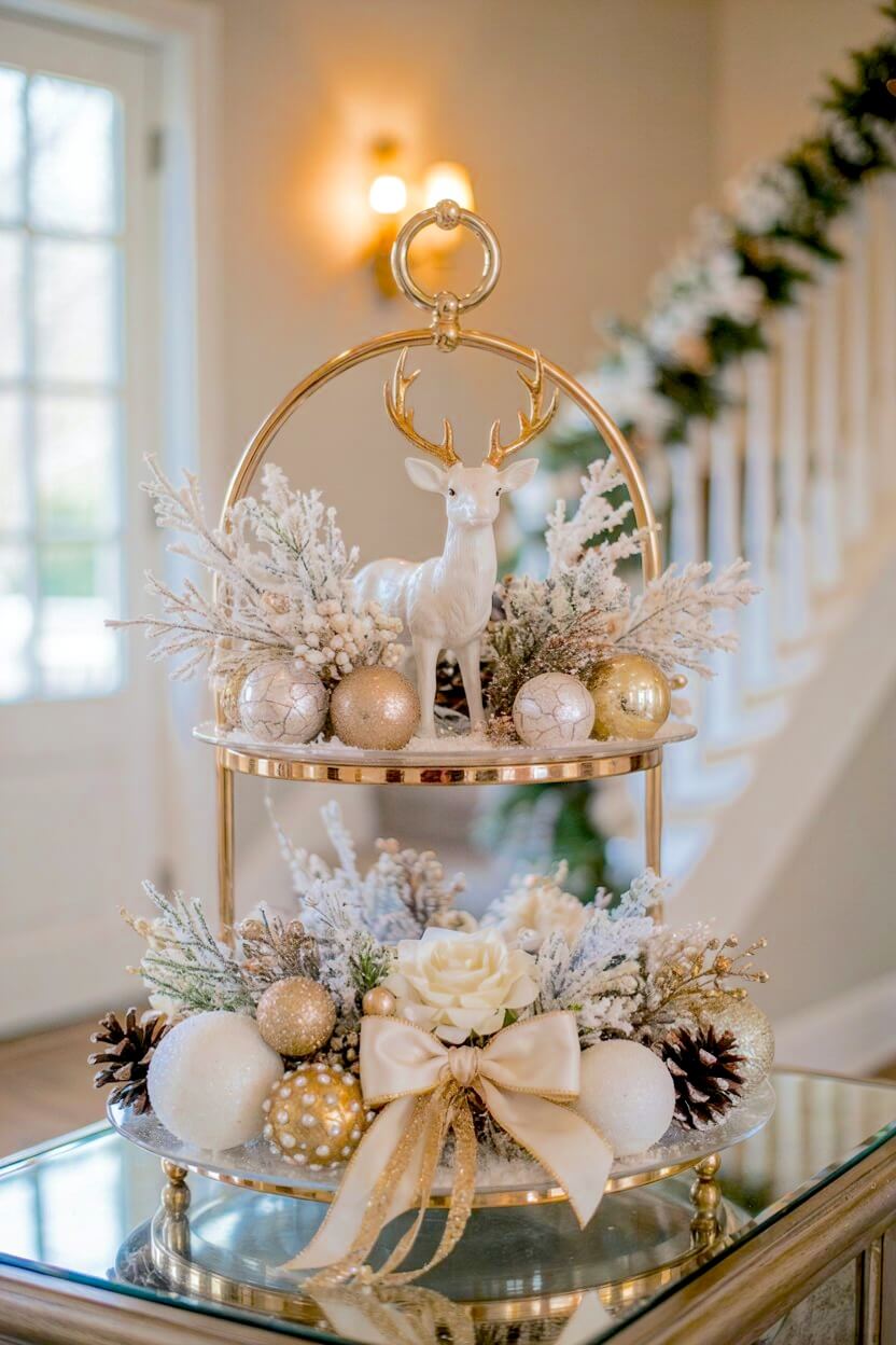 Mirrored glass stand holding a white ceramic stag, glittering gold and pearl baubles, faux white roses, and icy frosted branches for glamorous winter tray styling.