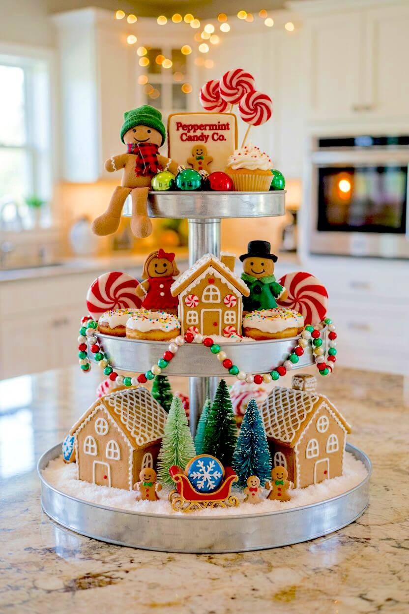 Galvanized metal three-tier stand packed with detailed gingerbread houses, frosted donuts, a colorful beaded garland, and giant peppermint candies for sweet decor.