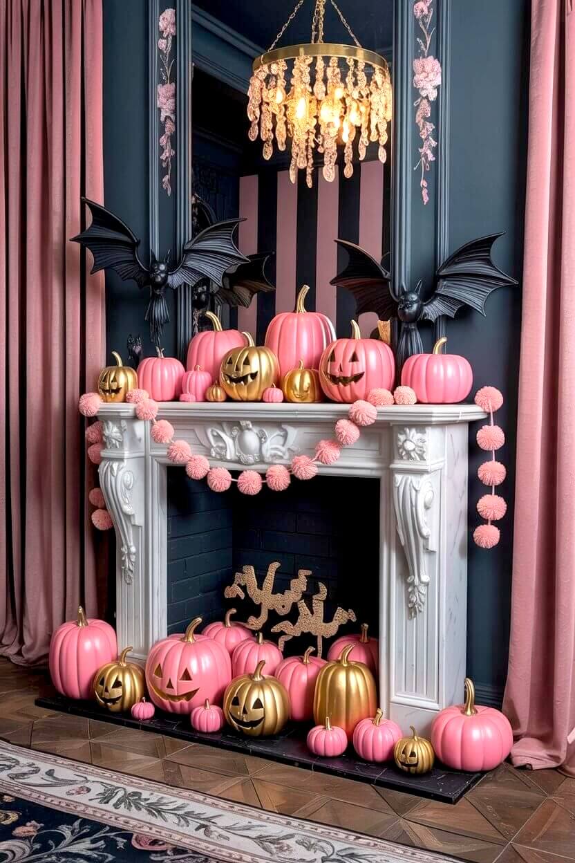 A fireplace is stacked with pink and gold pumpkins, black bats, and a pom-pom garland. These stylish pink Halloween decor ideas turn the mantel into a statement piece.