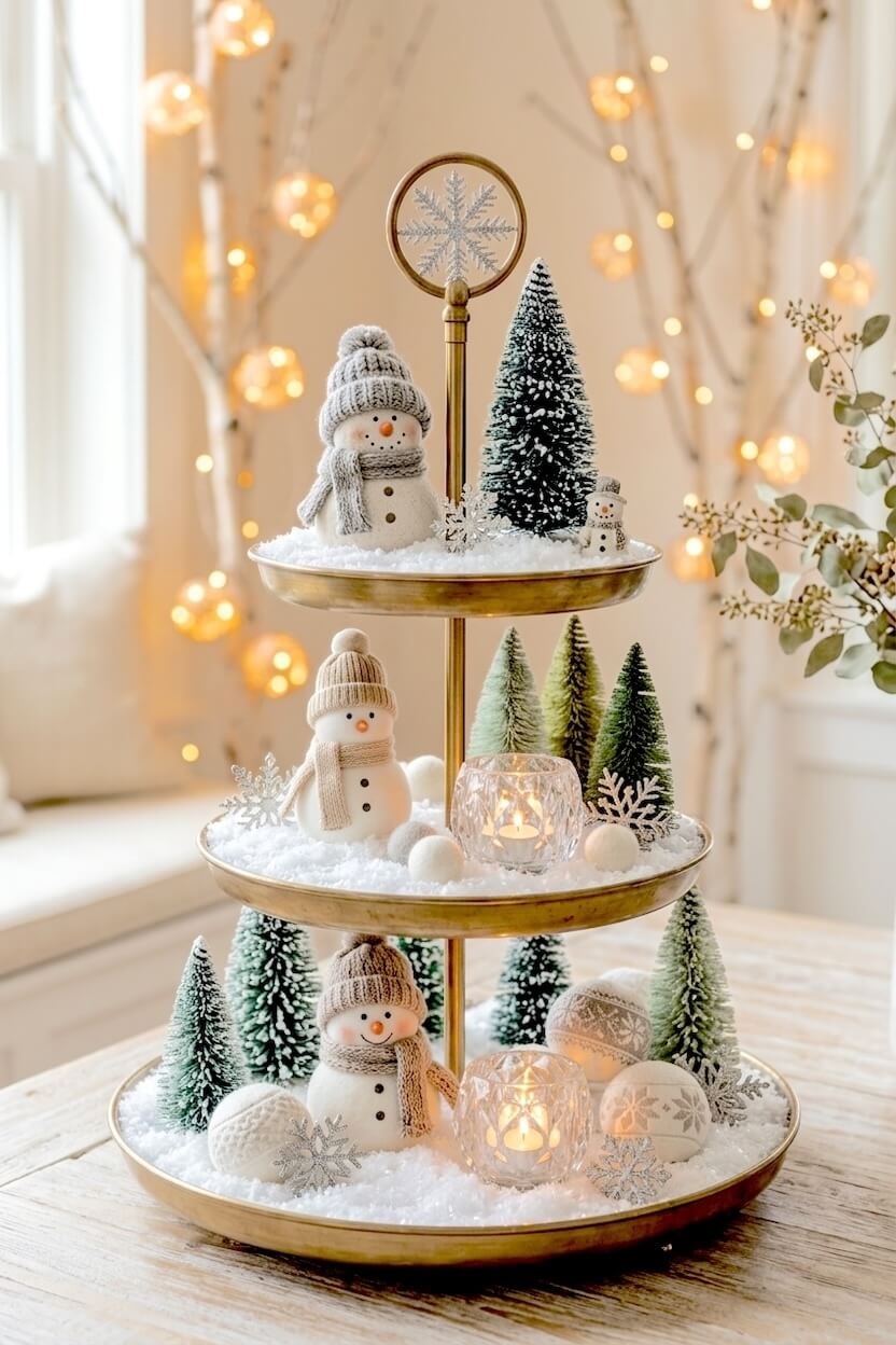 A brass metal tiered tray presents soft felt snowmen wearing knit scarves next to glowing crystal candle holders and green trees for classic winter tray displays.