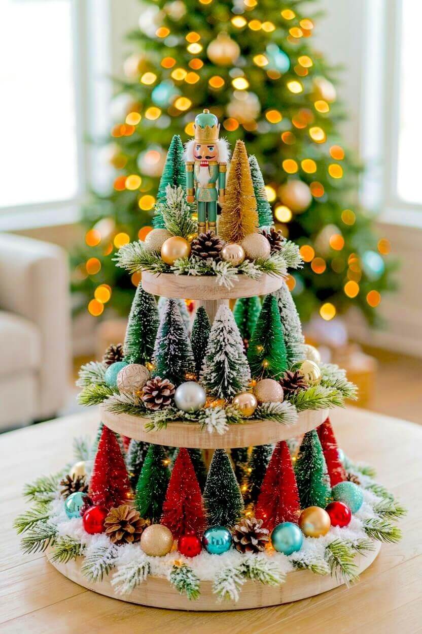 Wood tray featuring a collection of vibrant green, red, and gold bottle brush trees, a small nutcracker, and metallic baubles for colorful festive table styling.