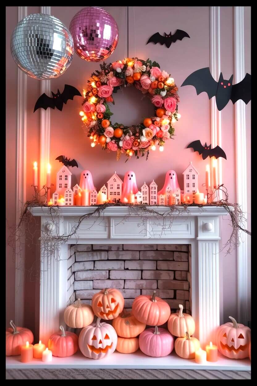 A floral wreath glows above a fireplace filled with pink pumpkins and playful ghosts, accented by disco balls. It’s a whimsical example of pink Halloween decor ideas for a fun and lively home.