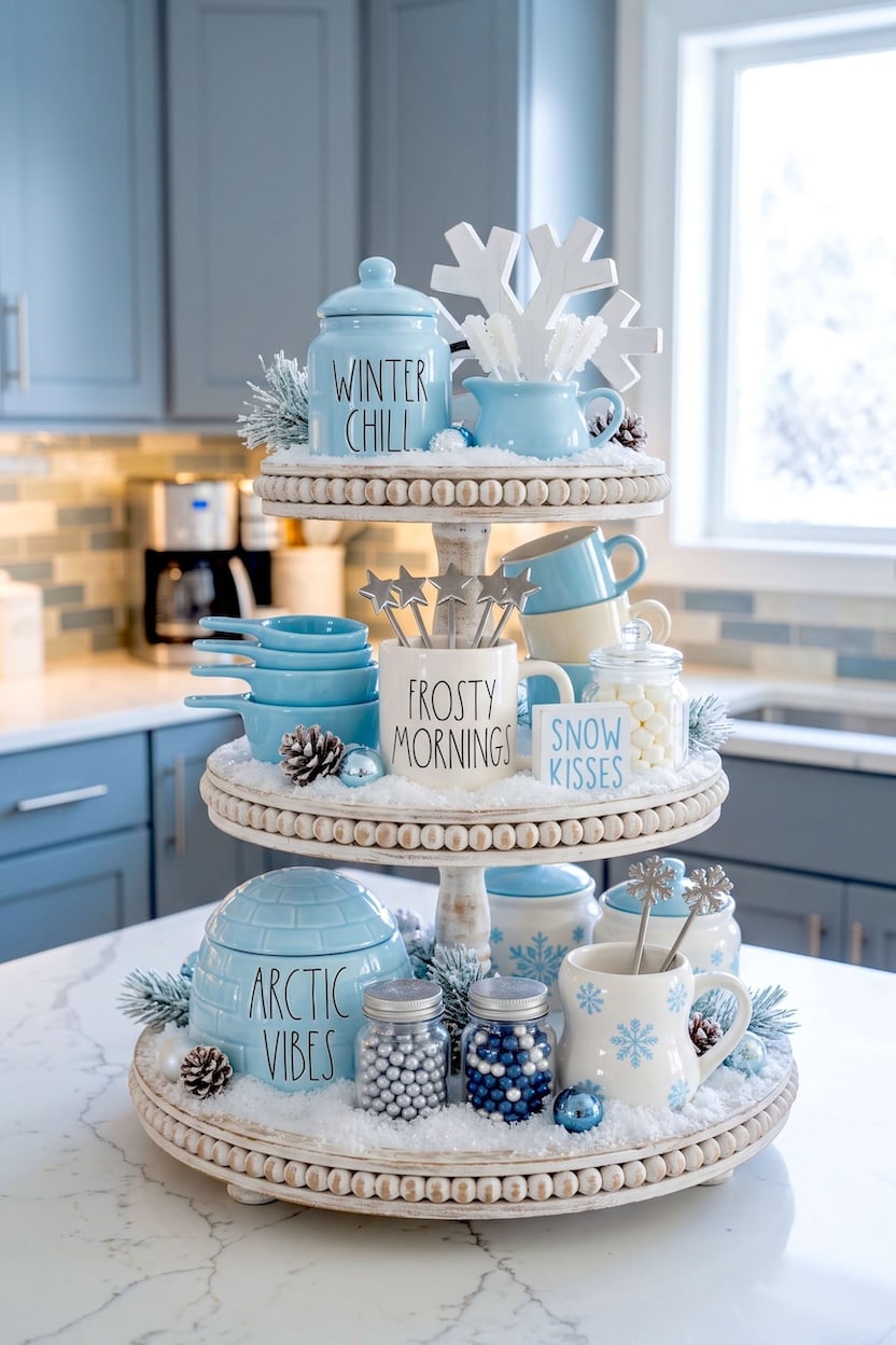 White beaded wooden surfaces showcase powder blue ceramic igloos and stacking mugs near jars filled with mini marshmallows for frosty winter hot cocoa trays.