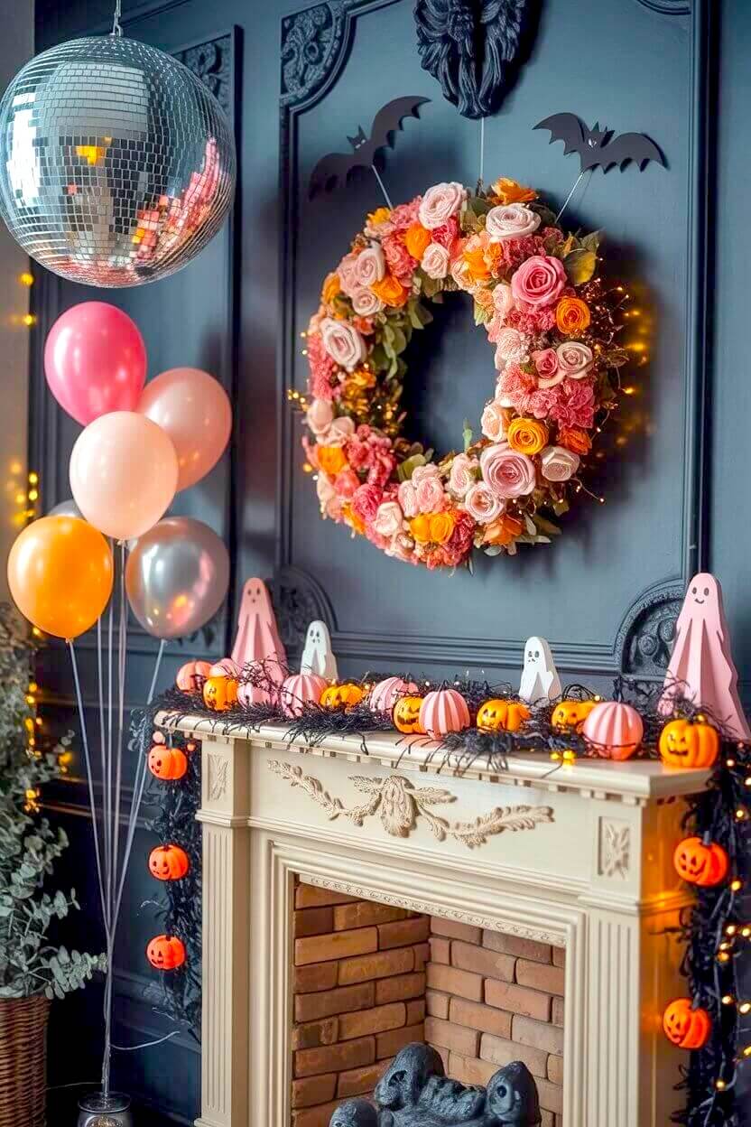 Pink balloons, mini pumpkins, and a glowing floral wreath decorate a dark fireplace for a modern yet festive look. This is a chic example of pink Halloween decor ideas styled with balance.