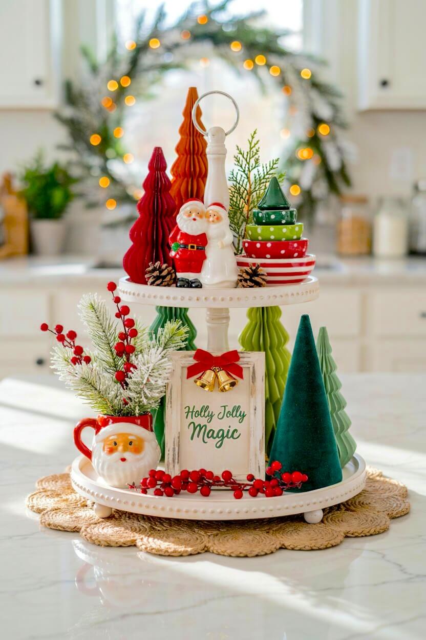 White beaded stand holding nostalgic ceramic Mr. and Mrs. Claus figurines, retro green stacked bowls, and dark red velvet trees for a charming traditional display.