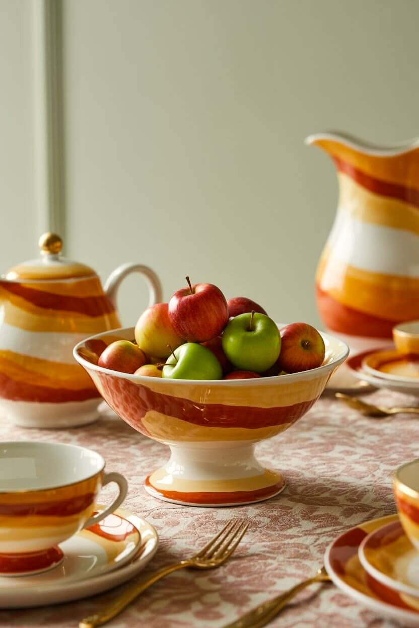 A ceramic footed bowl brimming with red and green apples brings a cheerful, seasonal pop to fall centerpiece ideas. Paired with striped dinnerware in autumn hues, it feels fresh, inviting, and perfect for family gatherings.