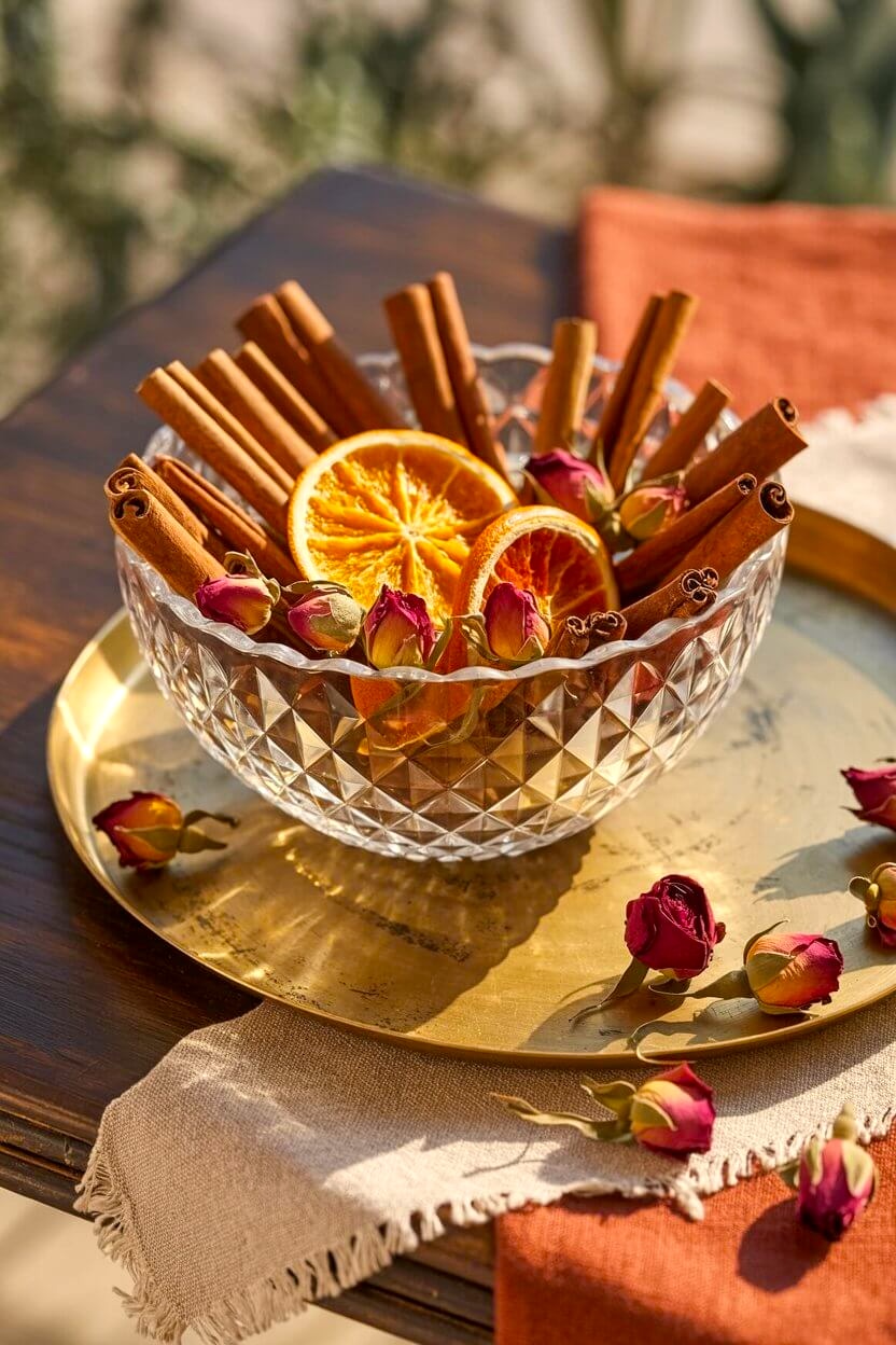 A crystal bowl filled with cinnamon sticks, dried orange slices, and scattered rosebuds creates a fragrant and festive touch for fall centerpiece ideas. The warm colors and golden tray make it feel both simple and elegant.