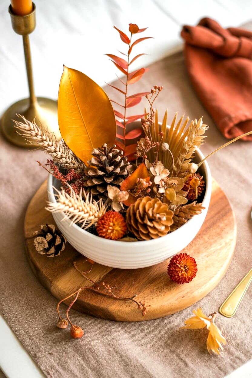 A white ceramic bowl styled with pinecones, golden leaves, wheat stalks, and dried florals makes a layered and textured accent for fall centerpiece ideas. The mix of earthy elements feels warm and natural on a dining table.