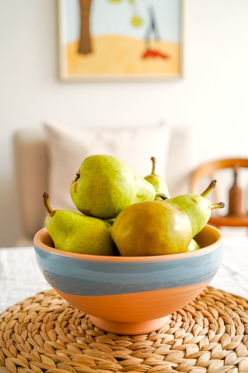 A terracotta-toned bowl filled with ripe green pears offers a fresh and minimalist option for fall centerpiece ideas. Placed on a woven placemat, it gives a rustic yet modern look that feels both seasonal and timeless.