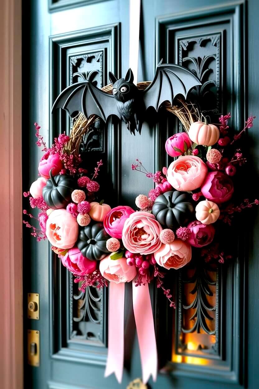 A black bat perches on a wreath filled with pink pumpkins and roses, adding a bold contrast to the doorway. It’s a charming example of how pink Halloween decor ideas can mix pretty details with spooky flair.