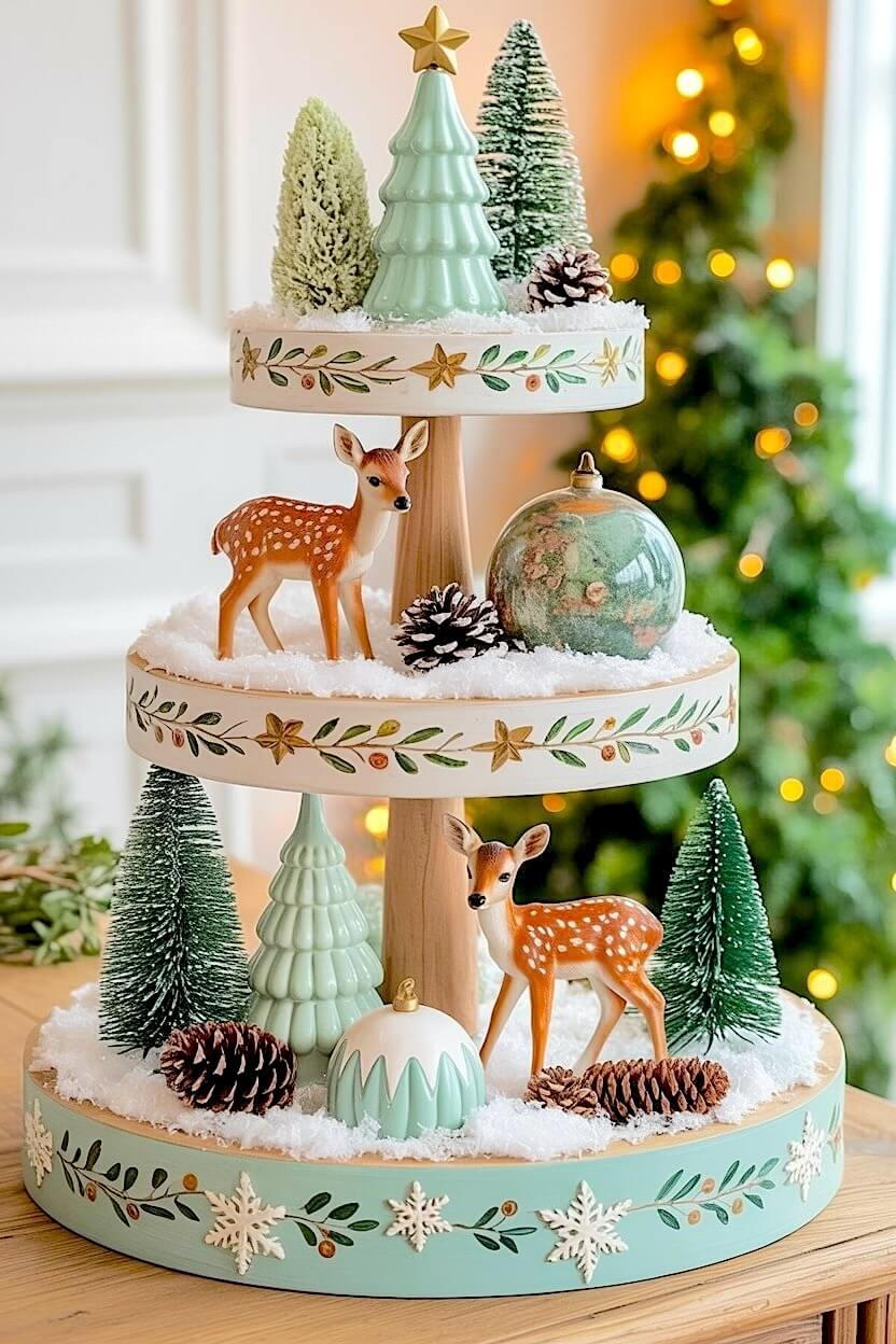 Light wood surfaces display pastel green ceramic trees paired with vintage spotted fawns and frosted pinecones to inspire beautiful winter tiered tray decor.