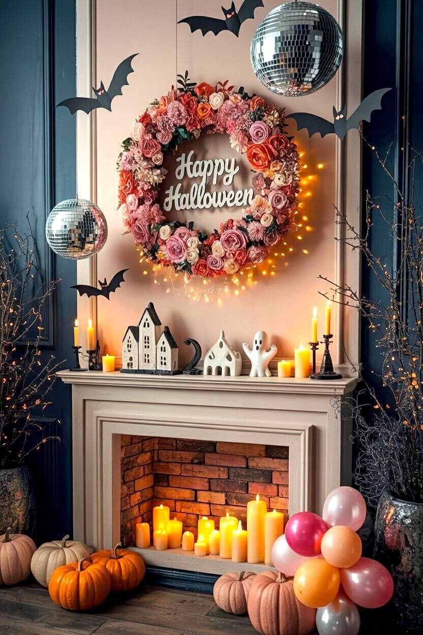 A large floral wreath lit with fairy lights crowns a fireplace surrounded by pumpkins, ghosts, and glowing candles. These layered touches show how pink Halloween decor ideas can feel magical and welcoming.