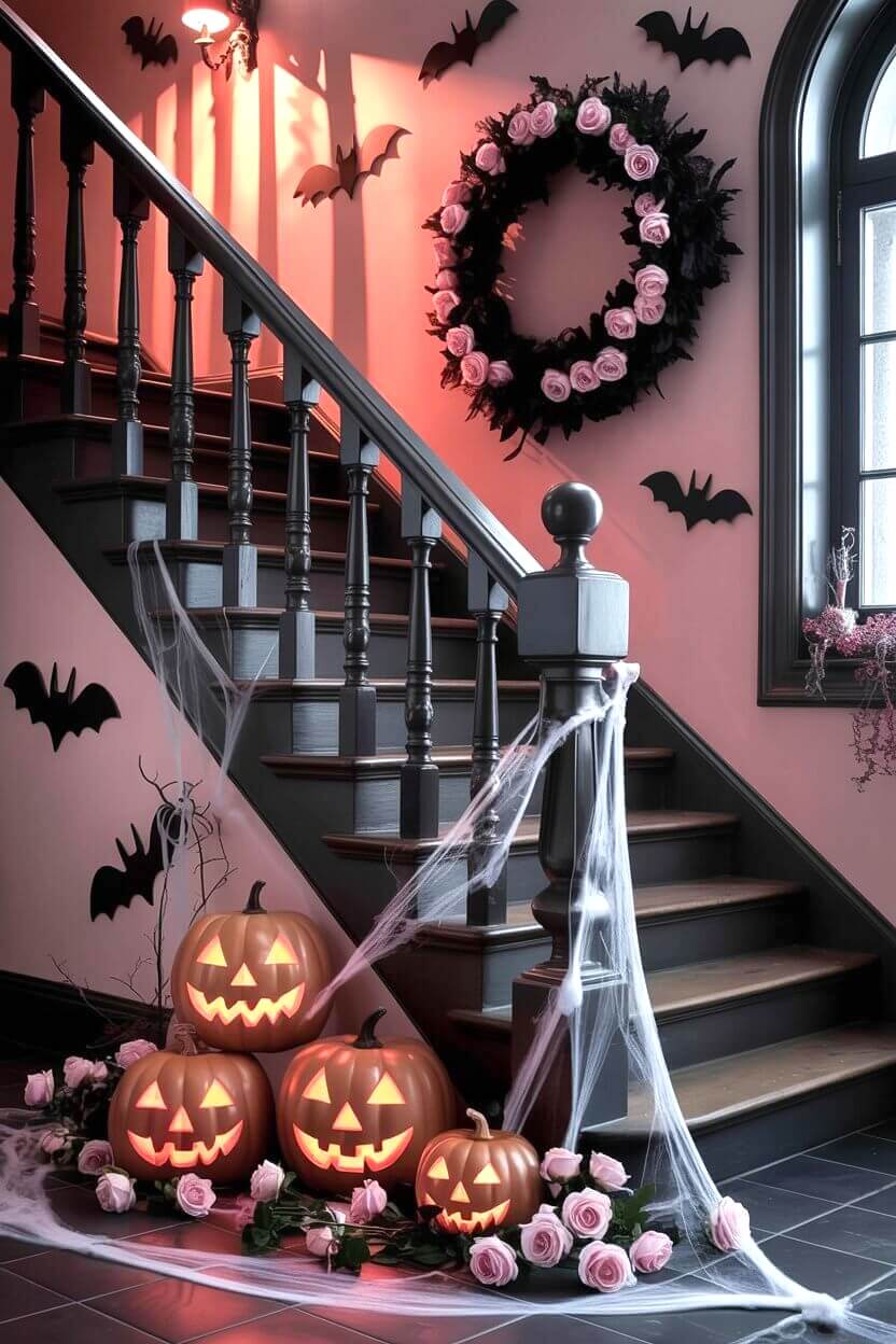 Glowing jack-o’-lanterns sit at the base of a staircase draped in cobwebs, with a black-and-pink wreath and bat cutouts on the wall. This dramatic entry shows how pink Halloween decor ideas can make your stairs festive and fun.