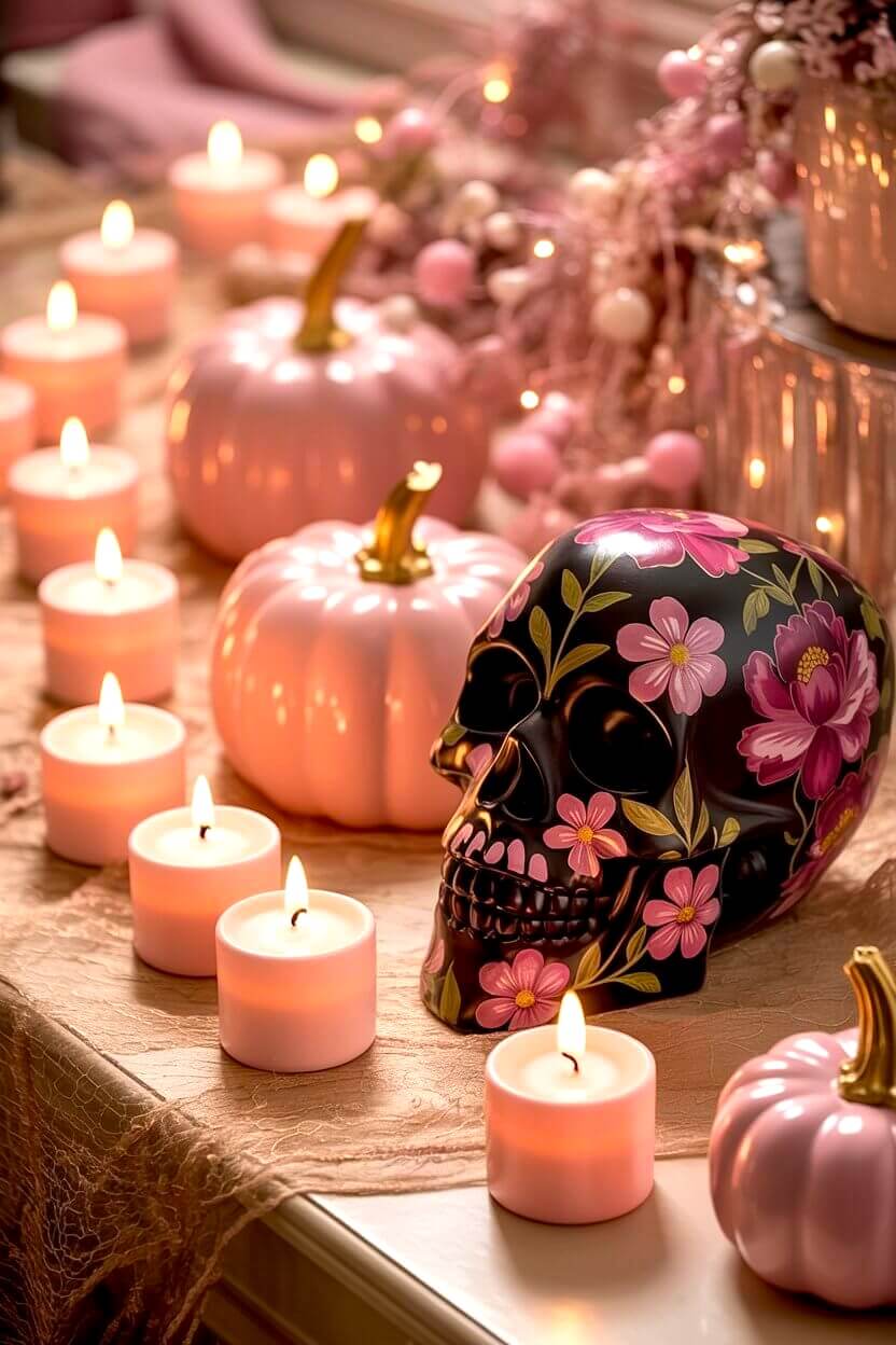 A black floral skull rests among glowing candles and pastel pumpkins, with flowers adding softness to the scene. These layered touches highlight how pink Halloween decor ideas can be moody yet charming.