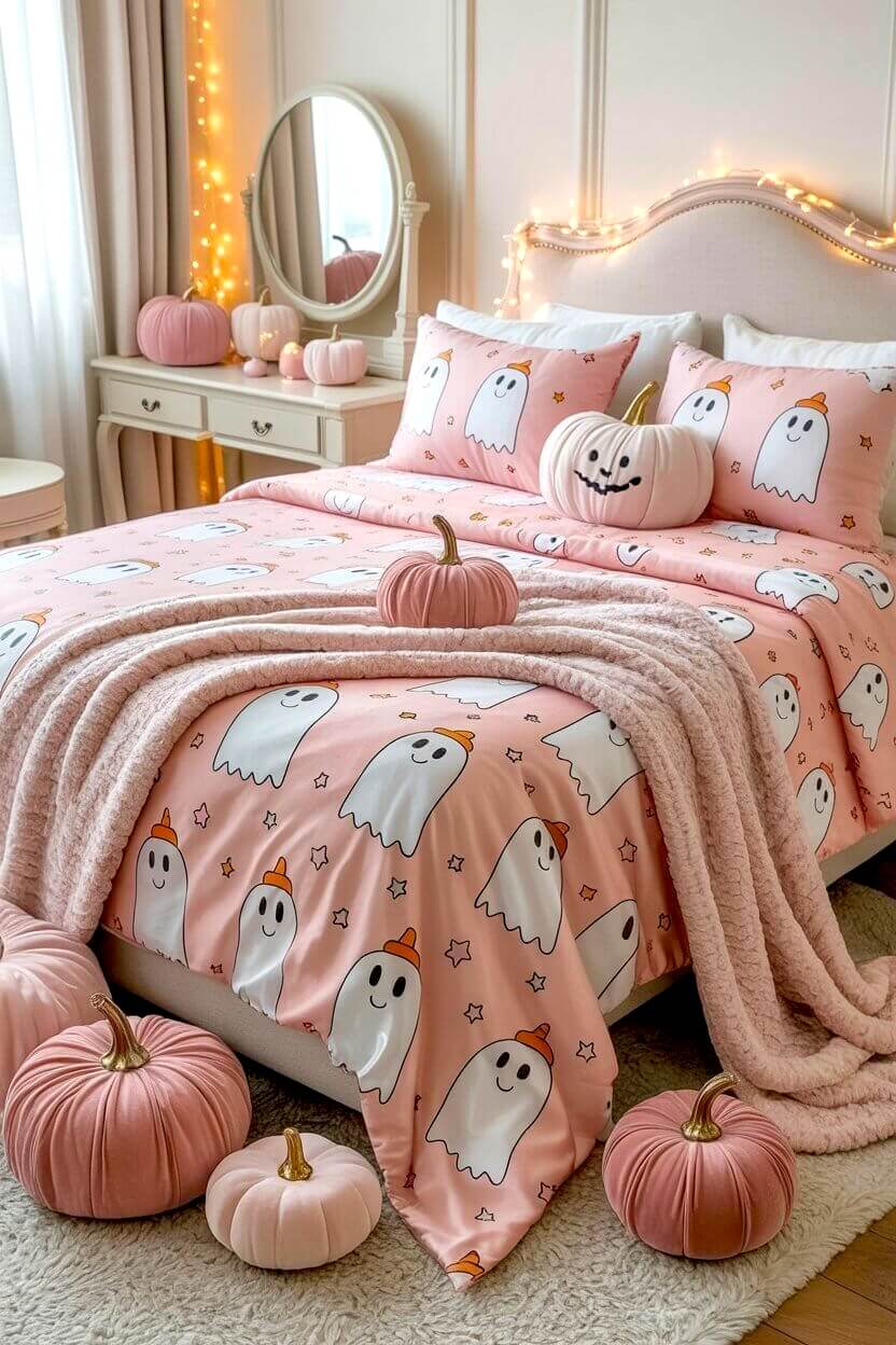 A bed dressed in pink ghost-print bedding is surrounded by plush pumpkins and fairy lights. This cozy setup is a sweet way to bring pink Halloween decor ideas into the bedroom.