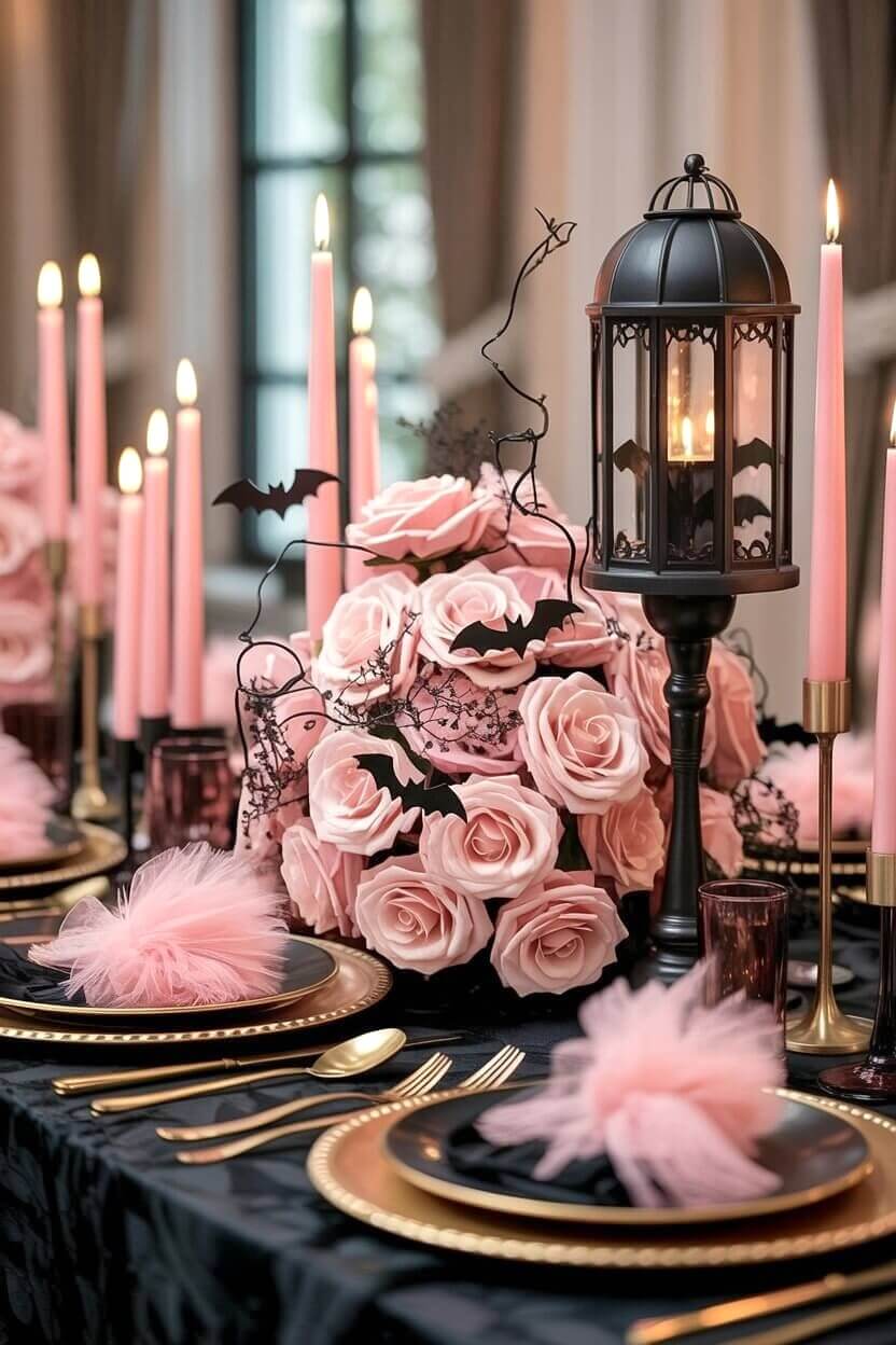 A dining table glows with tall pink candles, black lanterns, and roses arranged with bat accents. This elegant setup shows how pink Halloween decor ideas can make Halloween dinners feel elevated.