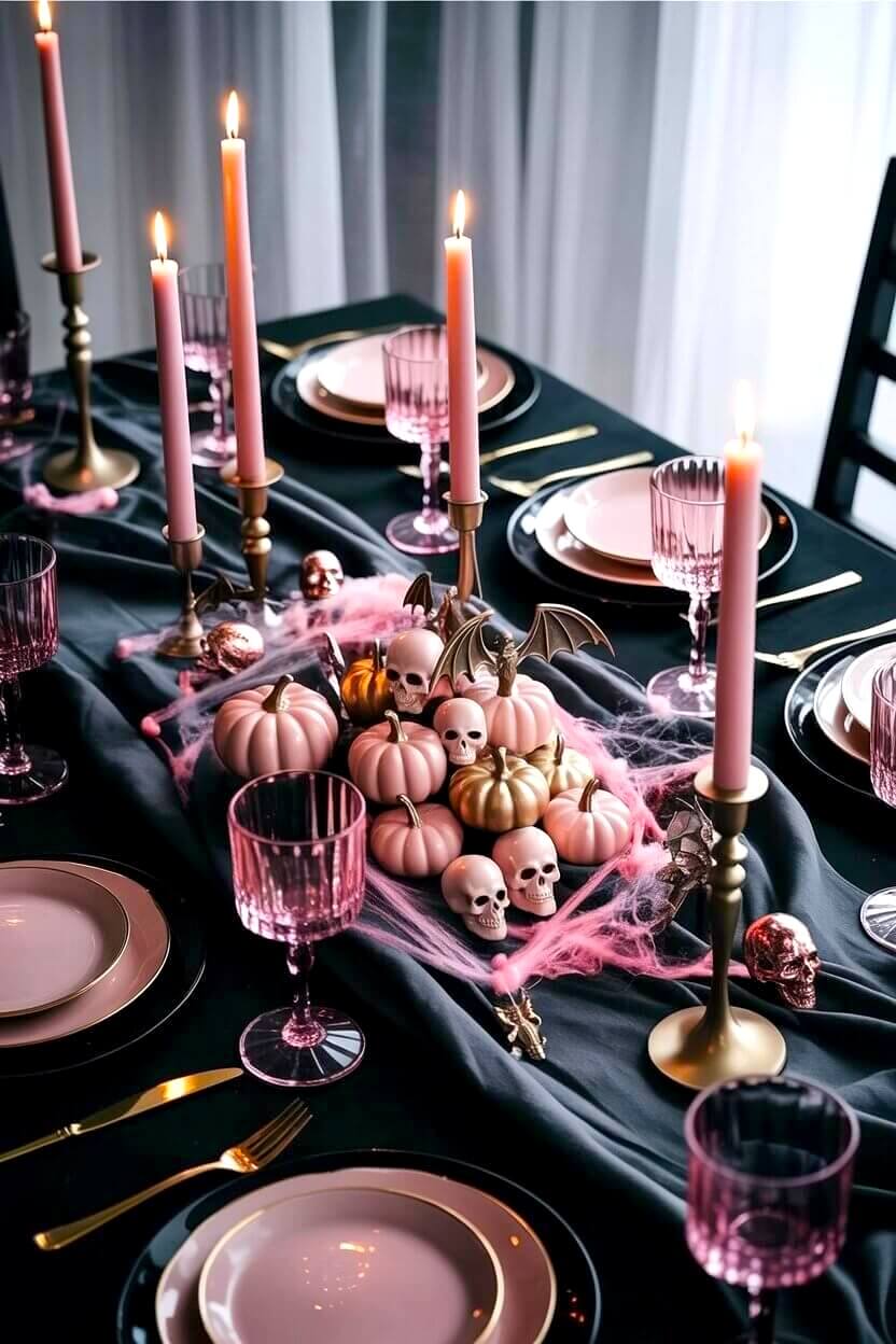 Pink and gold pumpkins are styled with skulls, cobwebs, and glowing candles on a dramatic table. It’s a bold and creative way to try pink Halloween decor ideas for entertaining.