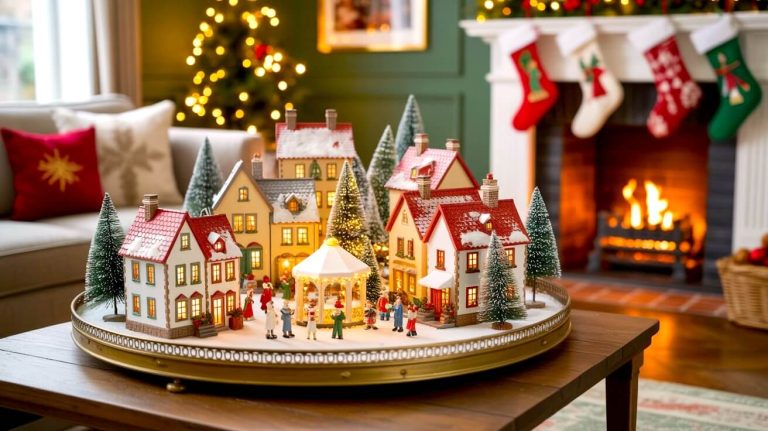 A warm living room styled with vintage Christmas decorations, including a festive village centerpiece on a tray, a lit tree, and stockings on the mantel.